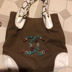 CHANEL - “AUTHENTIC” Brown and White Tote Bag with Embellished Logo Detail